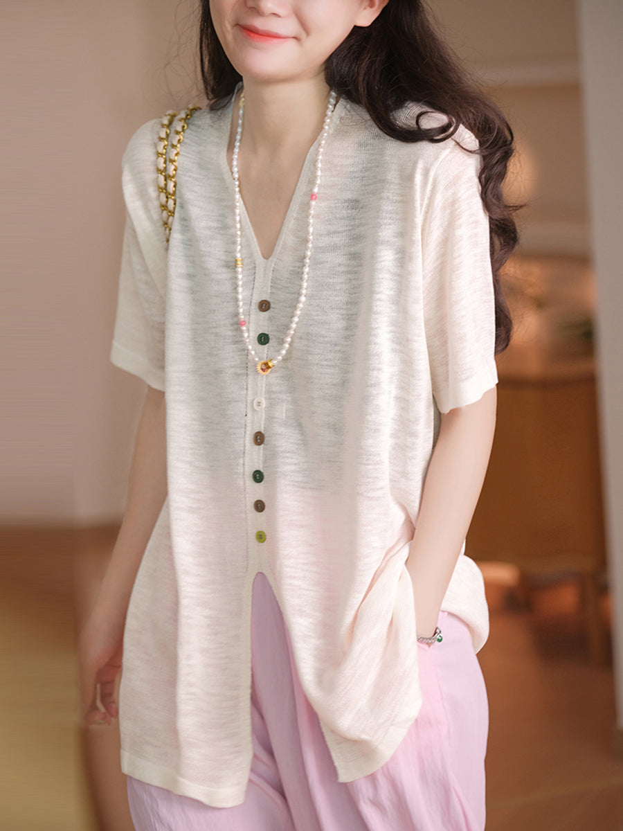 Women Casual Solid Colorful Buttom Summer Thin Shirt QW1050