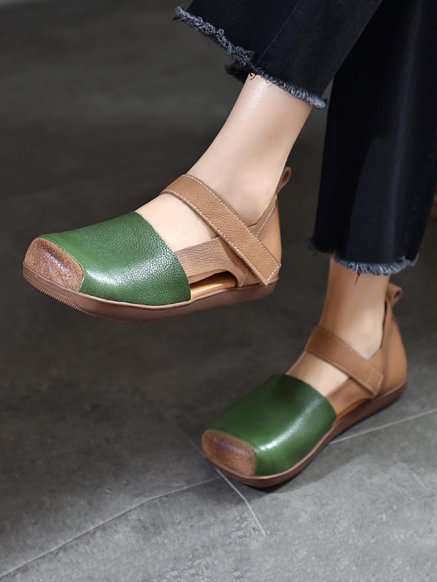 Women Vintage Summer Leather Colorblock Flat Shoes BN1003