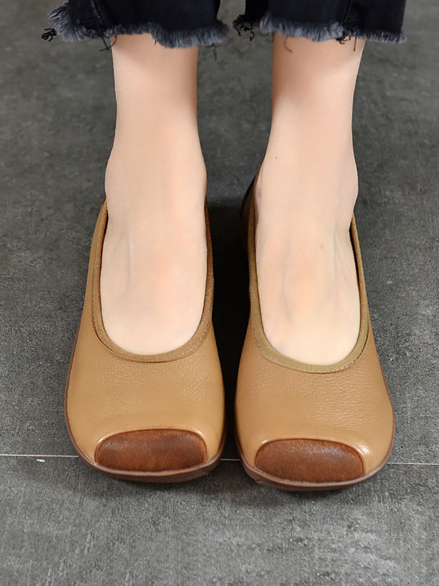 Women Summer Vintage Soft Leather Colorblock Flat Shoes RR1021