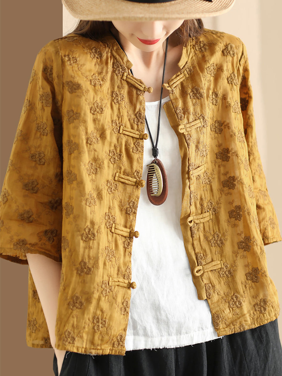 Damen Bluse aus Ramie mit Jacquard-Knopfleiste und ethnischen Blumen SC1023