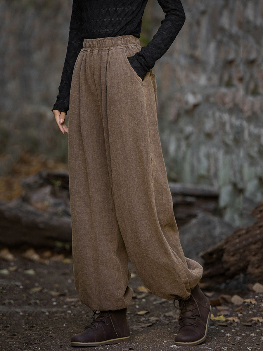 Pantalon ample à revers en ramie pour femme, style vintage, automne, couleur unie, AT1013