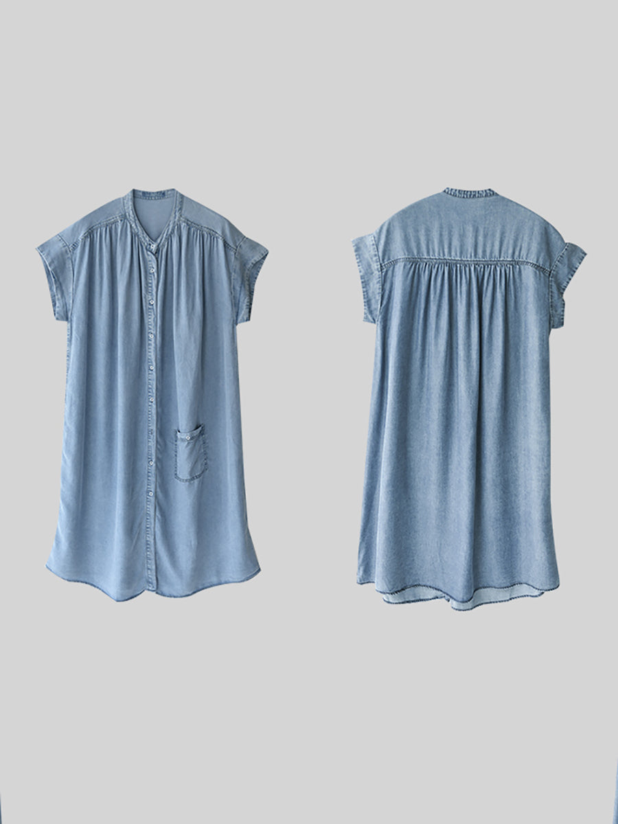 Plus Size Women Summer Casual Solid Blue Denim Dress HH030