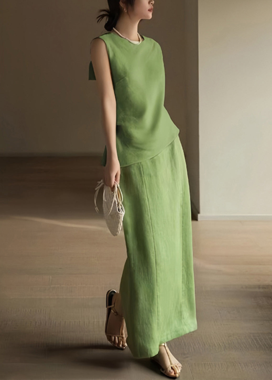 Ensemble deux pièces haut en lin patchwork vert à col rond et jupe longue sans manches AN1011