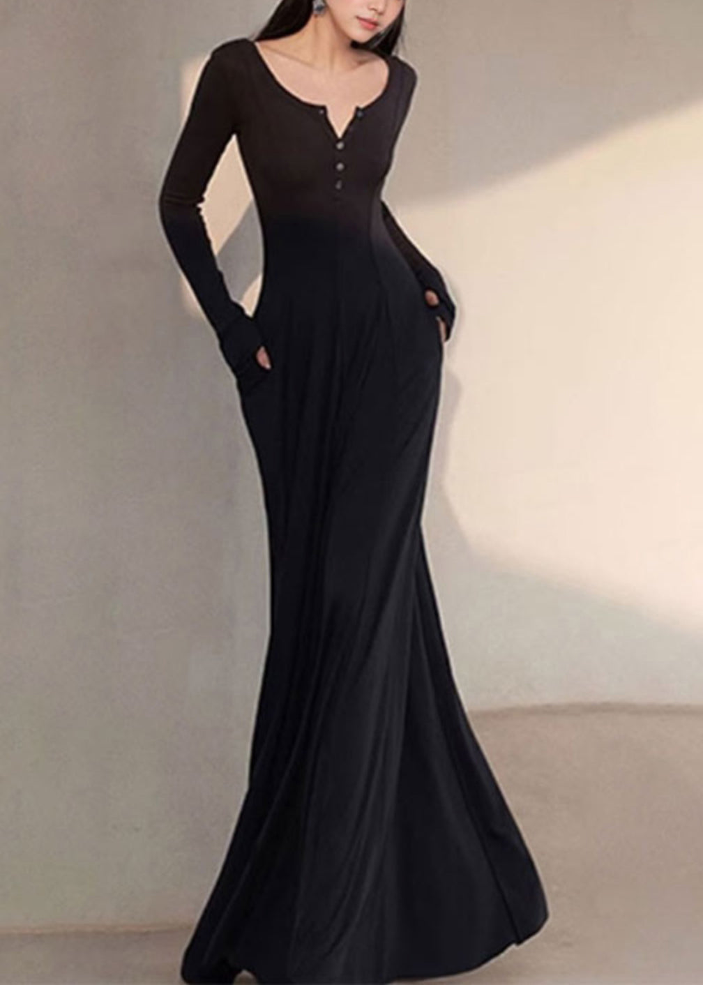 V Frühling Neue Lange Fit Schwarz Kleid Schlank Einfache Hals Baumwolle