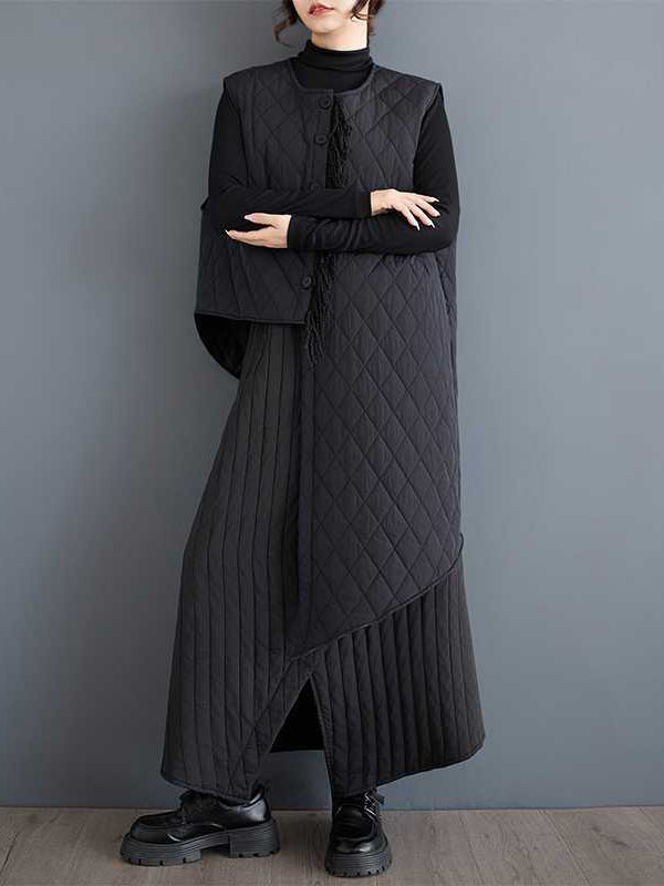 Lässige schwarze asymmetrische Steppweste mit Rundhalsausschnitt und Knöpfen, ärmellos, gepolstert TW014