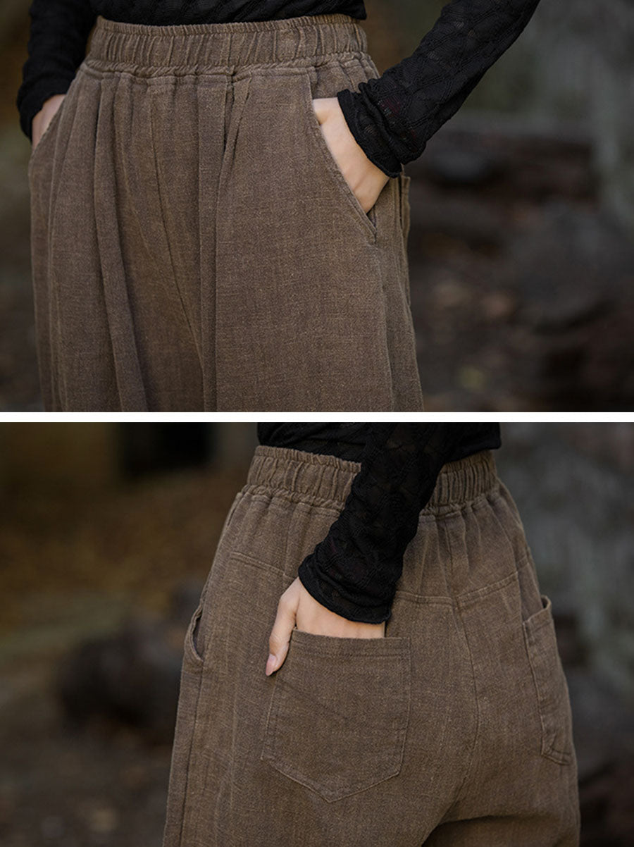 Pantalon ample à revers en ramie pour femme, style vintage, automne, couleur unie, AT1013