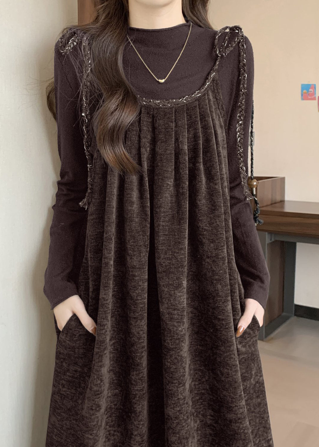 French Coffee Lace Up Seidensamt Zweiteiler Outfits Frühling TW008