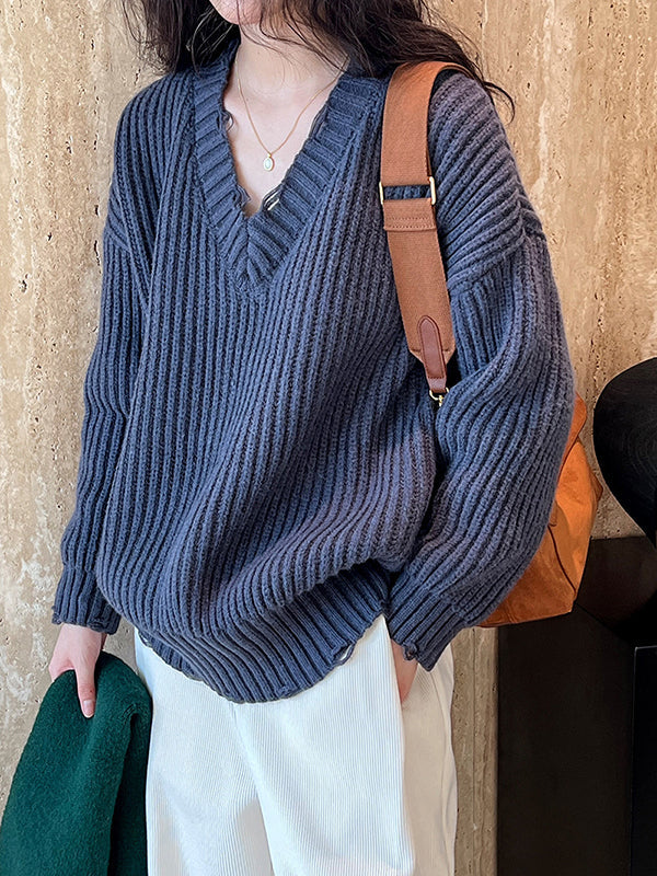 Pull en tricot à manches longues et col en V Urban Fuchsia AN1046