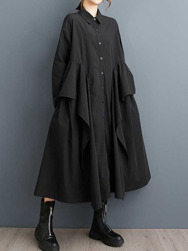 Einzigartiges schwarzes Langarmkleid mit geknöpftem Patchwork-Rüschenbesatz und Revers TW018