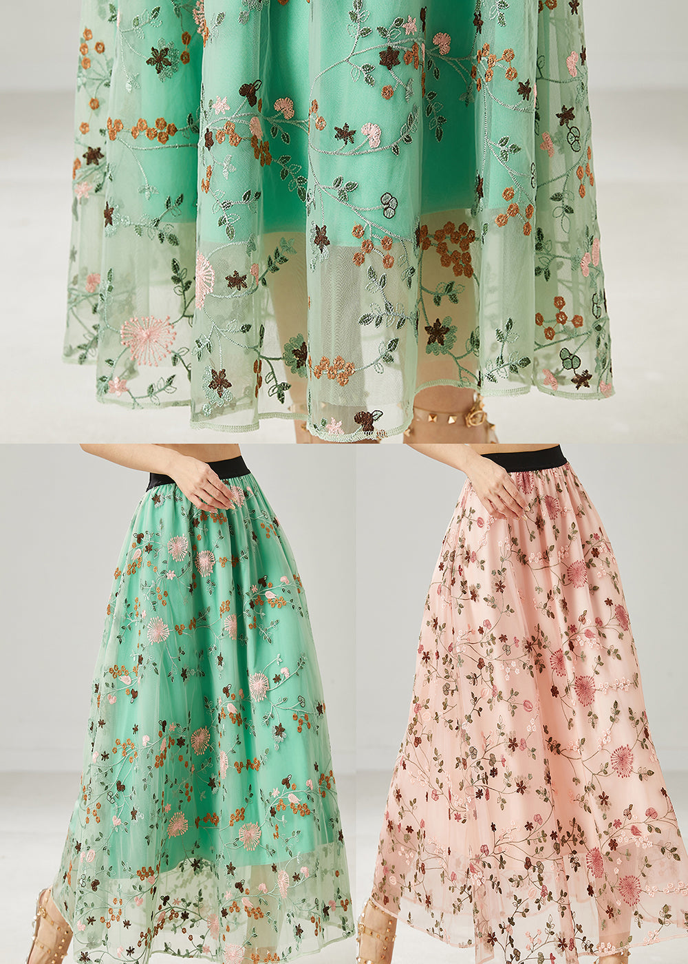Jupes en tulle brodé vert italien d'été AZ1044