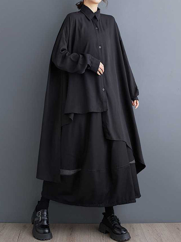 Original schwarze Bluse mit asymmetrischem Revers und Knöpfen, hohem und niedrigem Saum, langen Ärmeln, TW009