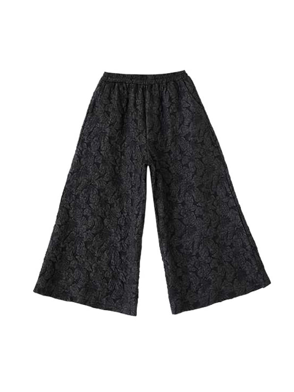 Edles schwarzes Jacquard-Set mit Raglanärmeln, Rundhalsausschnitt und weiten Hosenbeinen, Taschen in der Taille und Gummizug im Hosenbund WS014