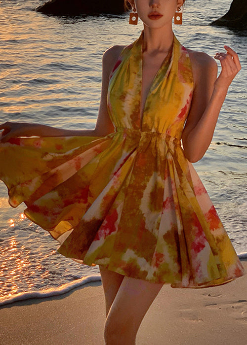 Robe en mousseline de soie jaune, mini imprimé, élégante, en dentelle, dos nu