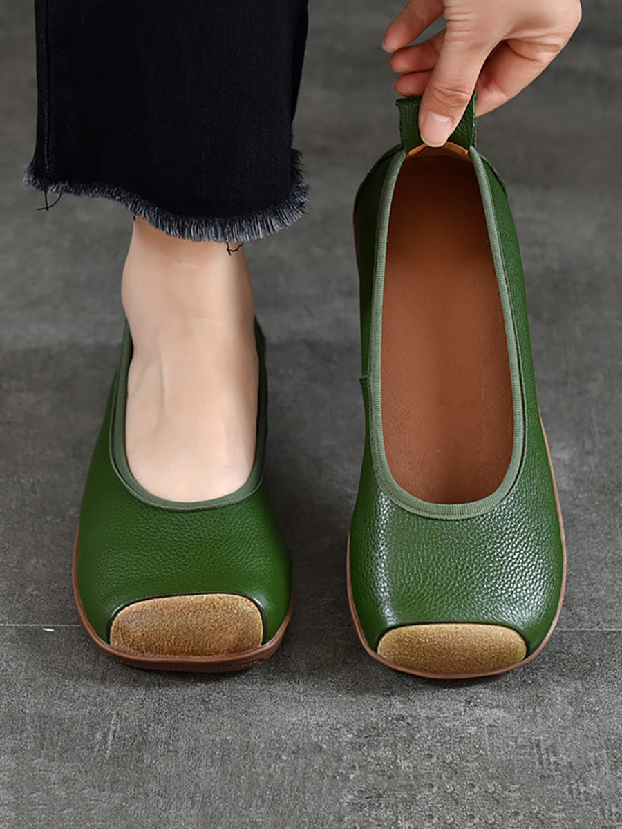 Women Summer Vintage Soft Leather Colorblock Flat Shoes RR1021