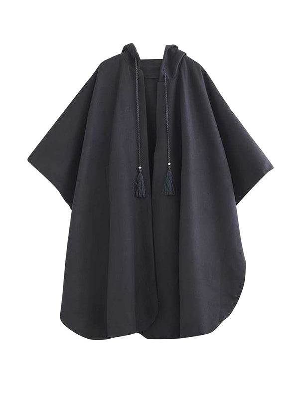 Stilvoller schwarzer Trenchcoat mit Kapuze, Kordelzug, Quastentaschen, Reißverschluss und Fledermausärmeln TW007