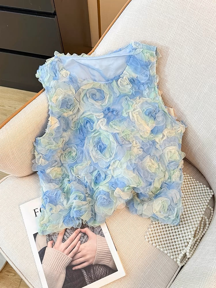 Fantasie Rosa Rundhals Farbverlauf Floral Ärmellos AZ1008