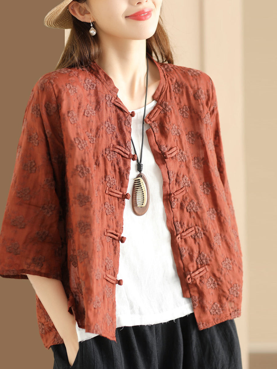 Damen Bluse aus Ramie mit Jacquard-Knopfleiste und ethnischen Blumen SC1023