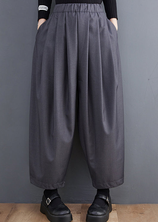 Pantalon gris décontracté en coton élastique avec poches et taille courte