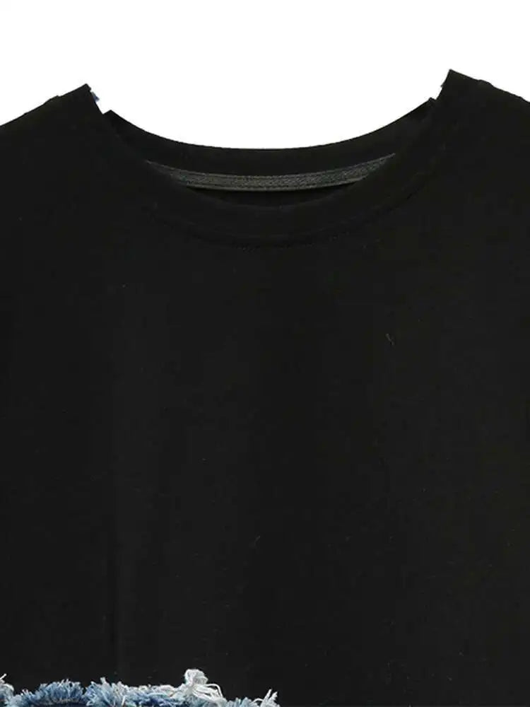 T-shirt court blanc à manches patchwork et ourlet rond en denim Street