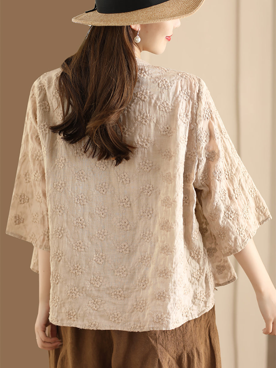 Damen Bluse aus Ramie mit Jacquard-Knopfleiste und ethnischen Blumen SC1023