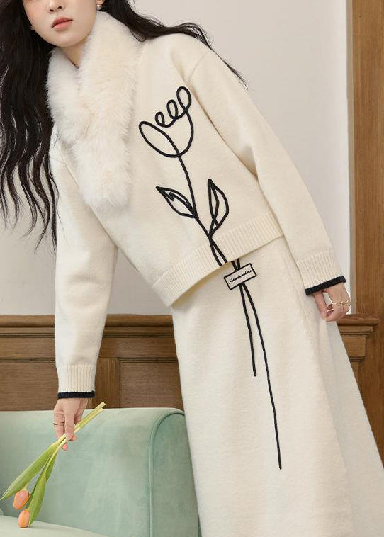 Ensemble deux pièces élégant en tricot beige avec pulls et jupes à col rond, hiver WV012
