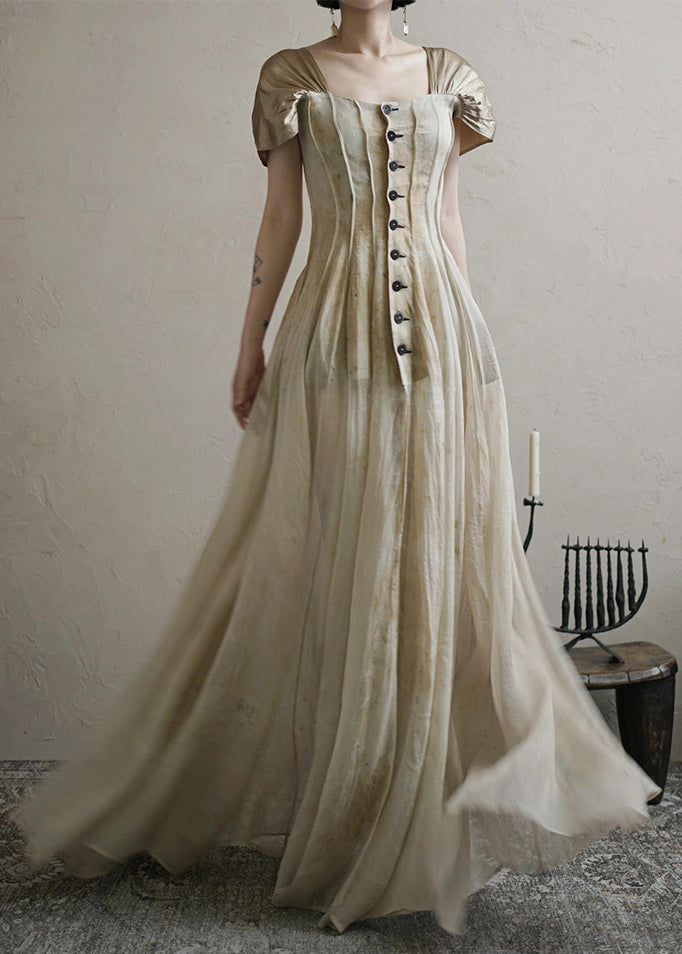 Robe longue d'été vintage à col boutonné carré