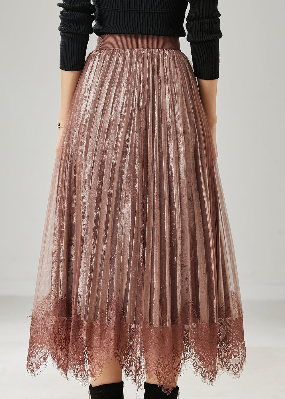 Jupes plissées en velours de soie et dentelle patchwork marron modernes Printemps AZ1039