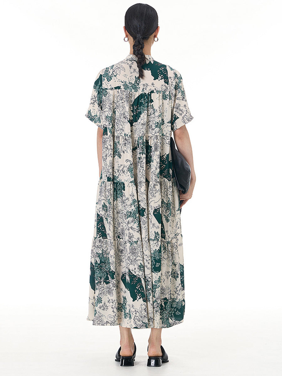 Women Summer Artsy Flower Spliced Loose Tiered Dress CC019