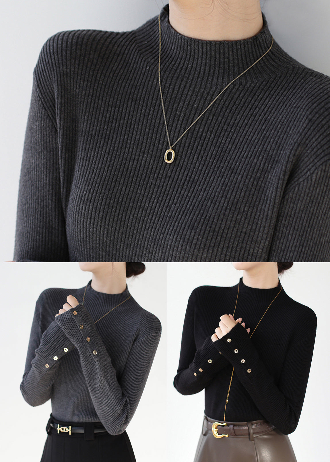 Pulls noirs en maille patchwork slim fit à col montant pour l'hiver RV025