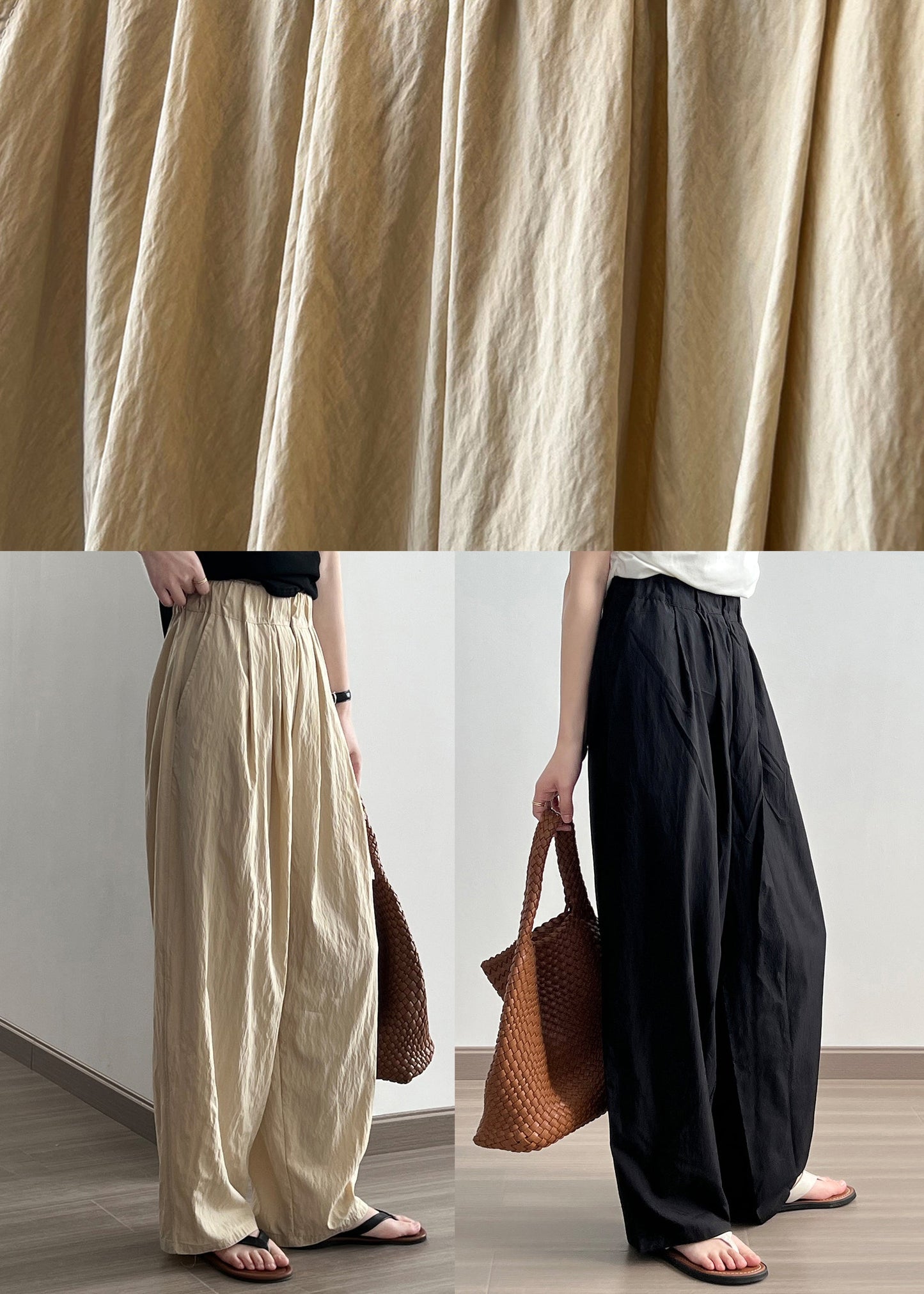 Pantalon large en coton à poches noires, taille élastique, froissé, automne AF1079