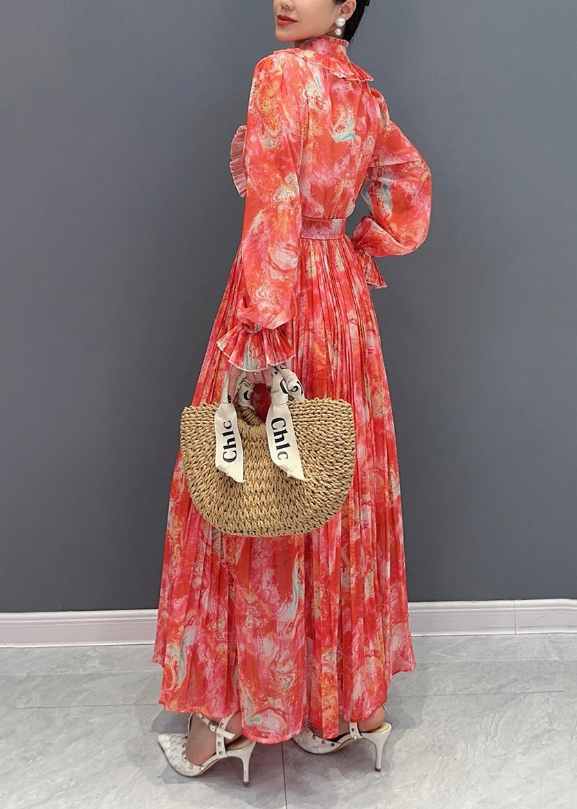 Tailliertes, blaues Chiffonkleid mit Rüschen, Schärpen und langen Ärmeln AO1071