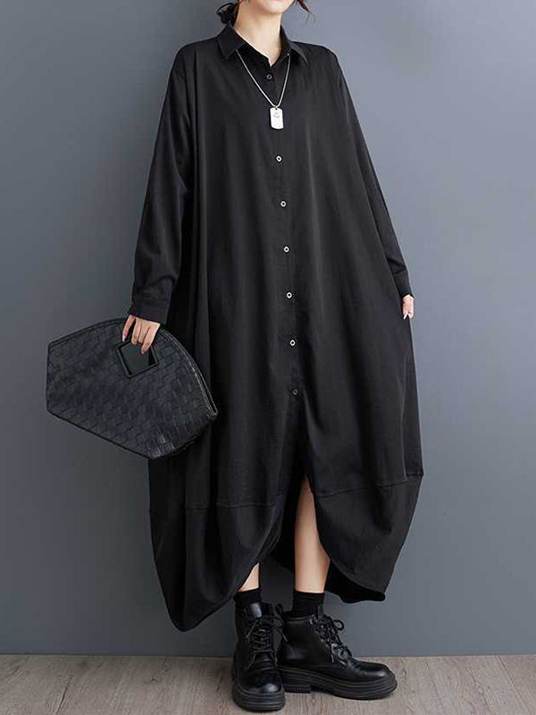 Stilvolles schwarzes A-Linien-Hemdkleid mit Revers, geknöpften Taschen, Blütenblattsaum und langen Ärmeln TW015