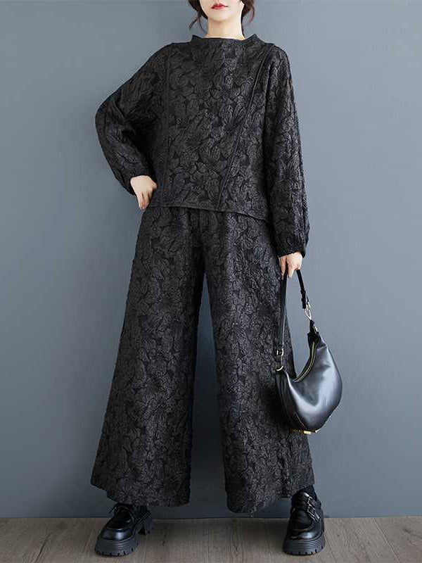 Edles schwarzes Jacquard-Set mit Raglanärmeln, Rundhalsausschnitt und weiten Hosenbeinen, Taschen in der Taille und Gummizug im Hosenbund WS014