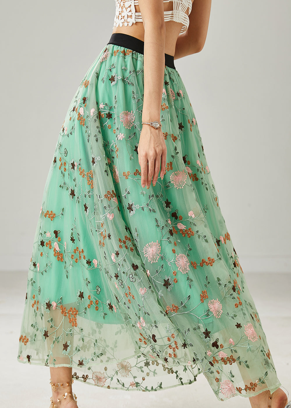 Jupes en tulle brodé vert italien d'été AZ1044