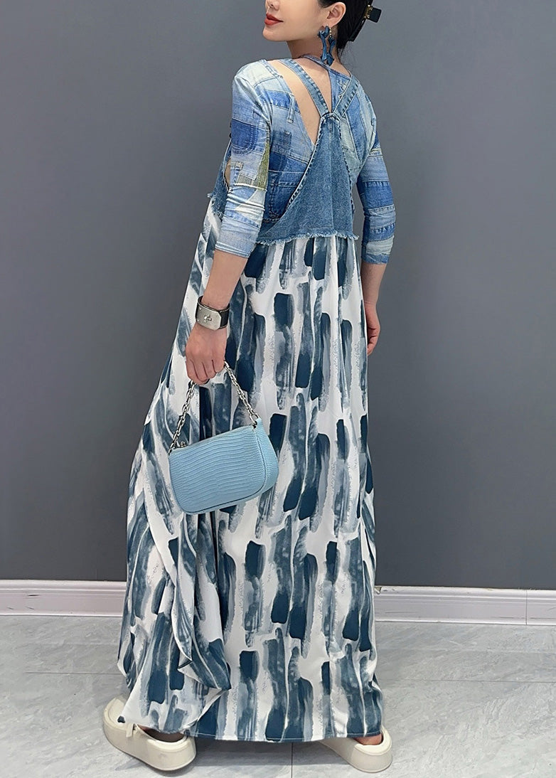 Art Blue Print Taschen Patchwork Langes Kleid ärmellos AR1034