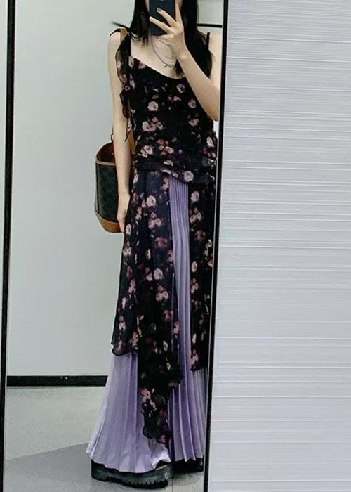 Zweiteiliges Set aus Chiffon mit Rüschen und Print in Schwarz im Bohemian-Stil, ärmellos, QP030