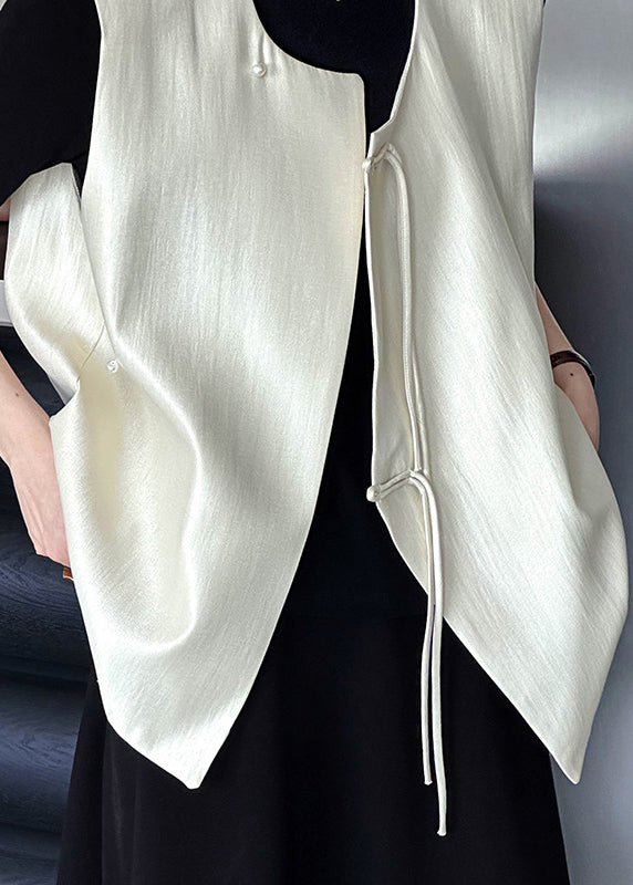 Beige Baumwollweste mit chinesischem Knopf und Rundhalsausschnitt, Herbst AF1062