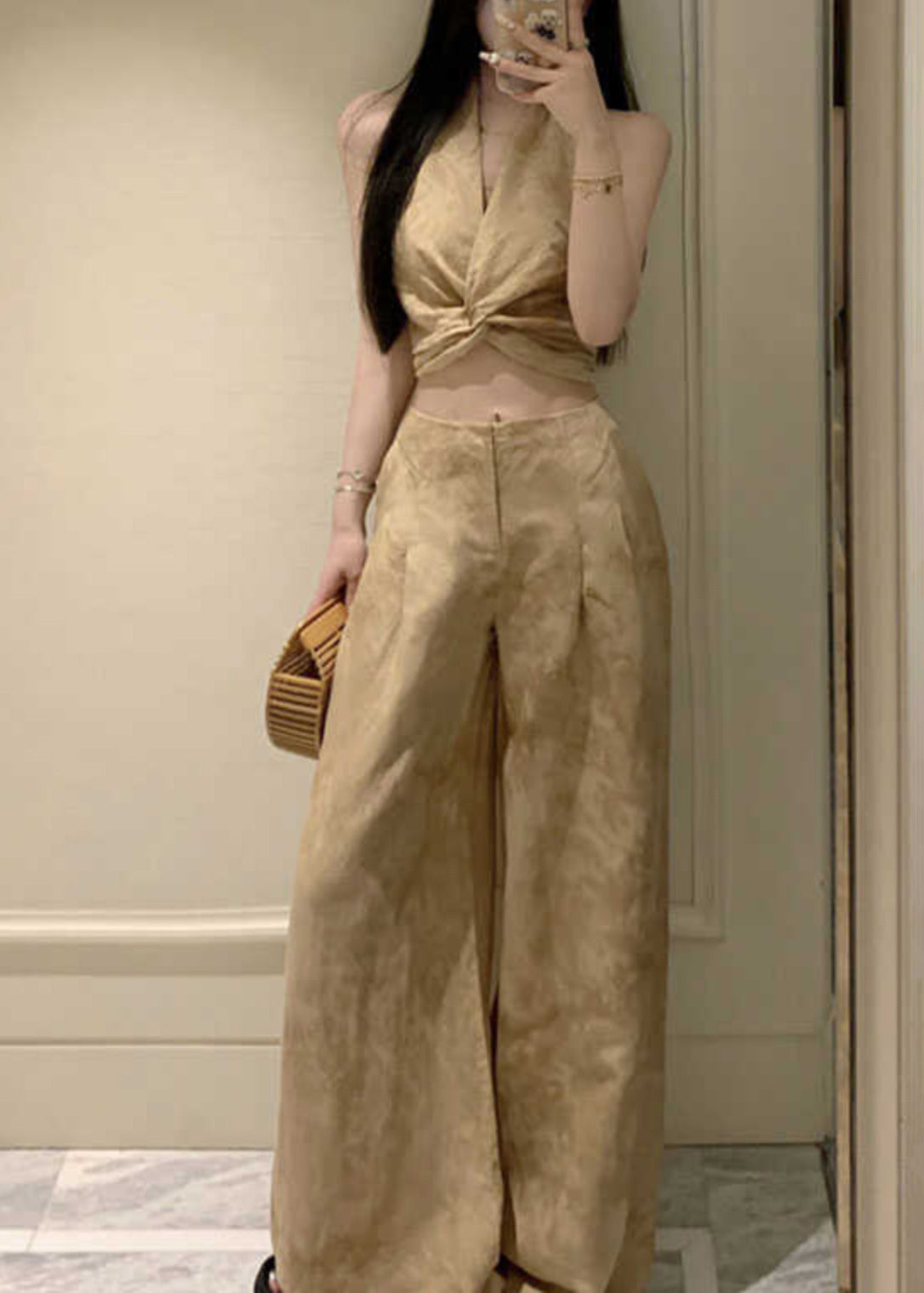 Ensemble deux pièces gilet froissé imprimé licou et pantalon large sans manches AN1008
