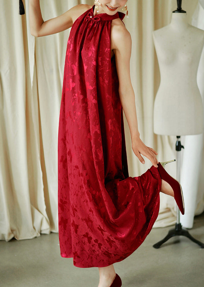 Robe longue ample rouge en coton sans manches avec nœud en jacquard