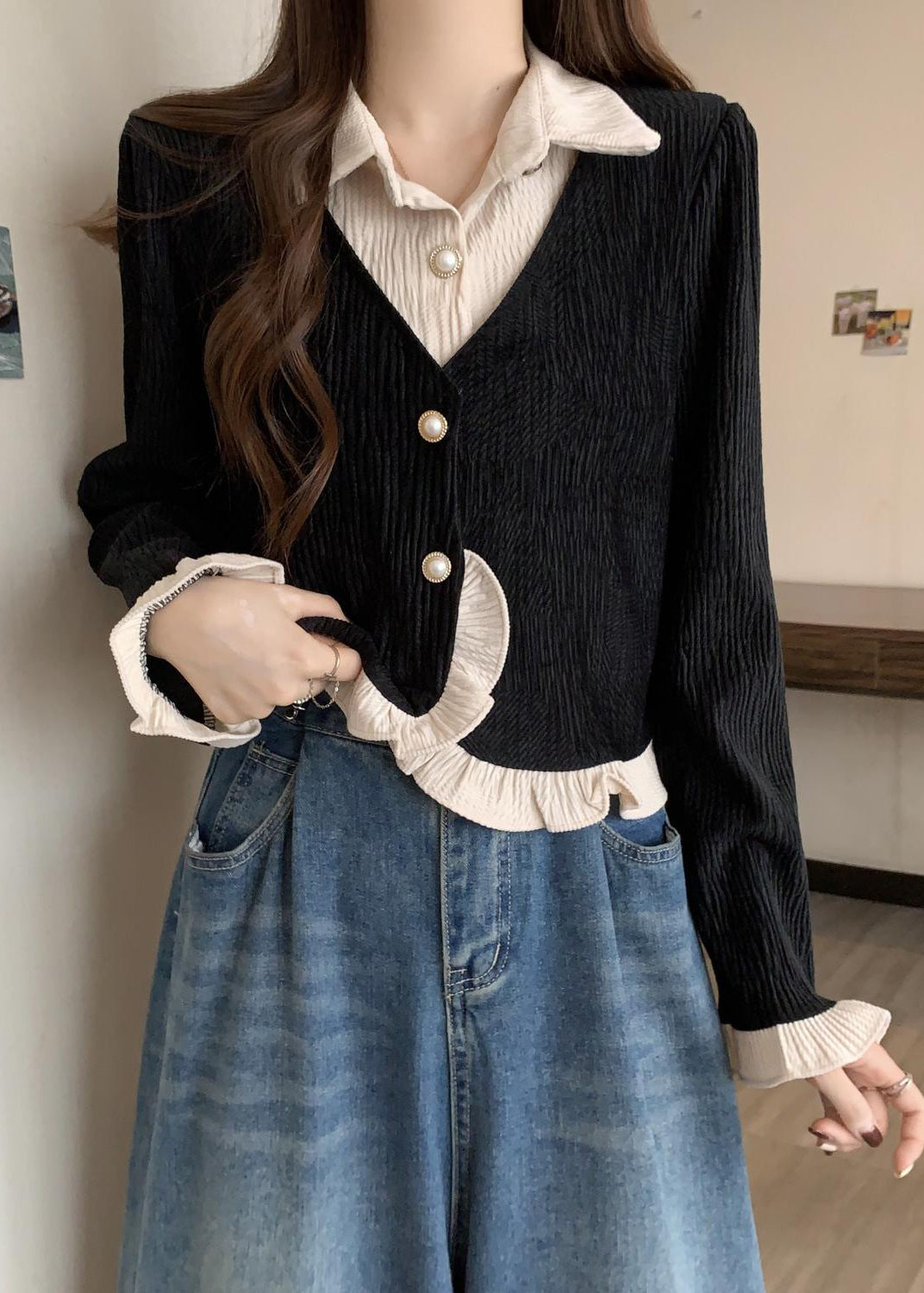 Unique Khakifarbenes, gerüschtes Patchwork-Zweiteiler-Cordtop für den Herbst QC043