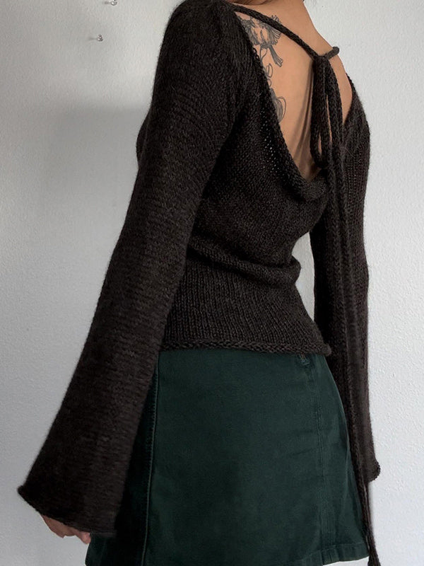 Pull vintage marron à col rond et manches longues en cloche avec lacets croisés dans le dos AN1039