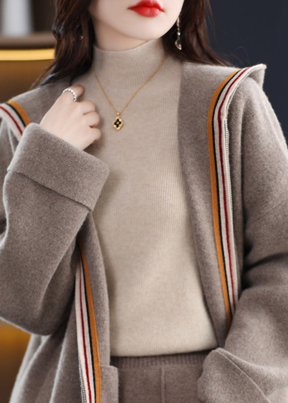 Cardigan à capuche en laine beige zippé et confortable, style patchwork, hiver WV020