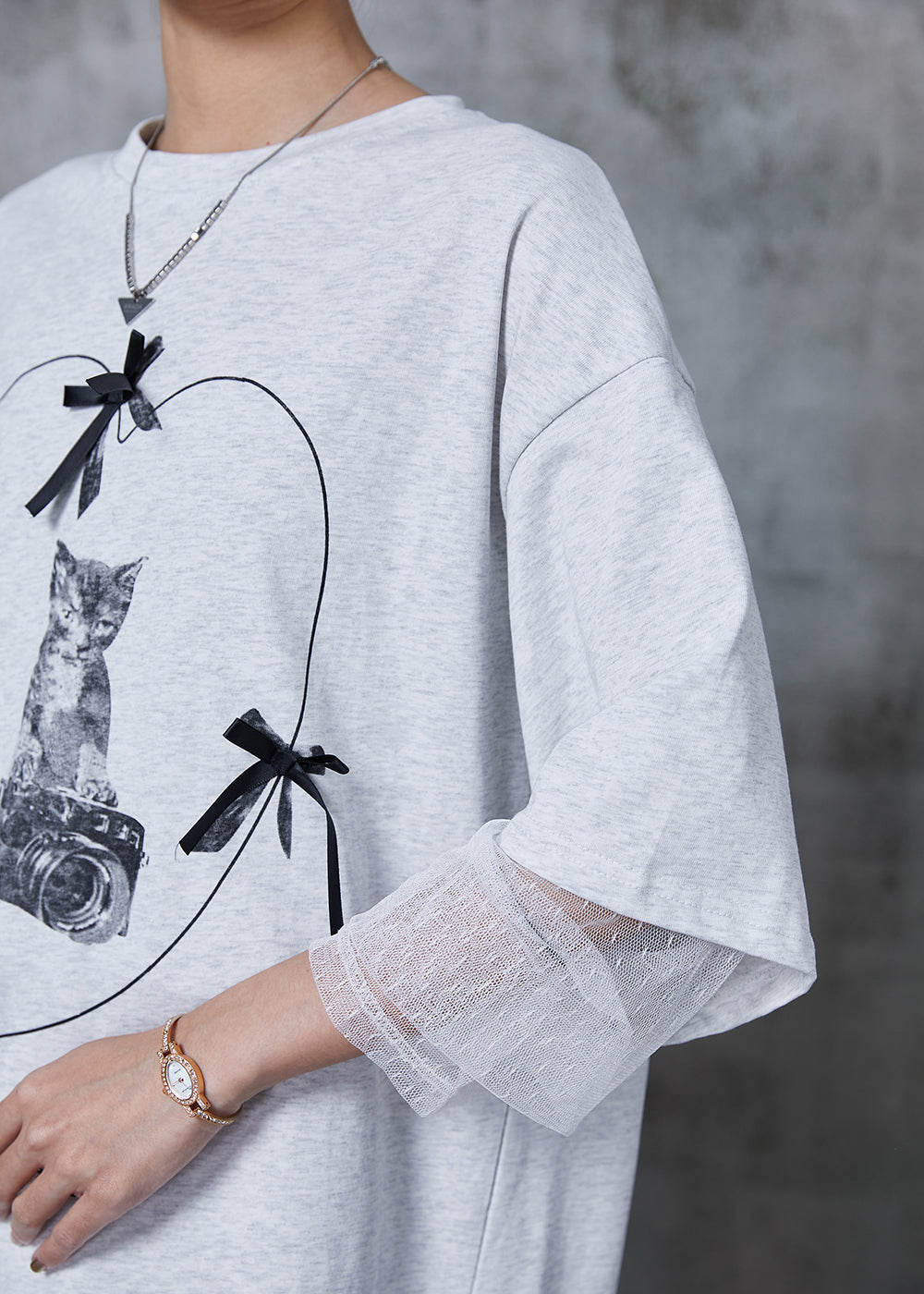 Élégant débardeur deux pièces en coton avec nœud en patchwork de chat gris pour l'été QA1007