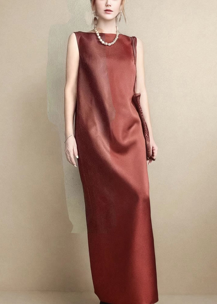 Offene Seite Ärmellos Lange Rücken Elegante Rote Kleid Taschen Seide