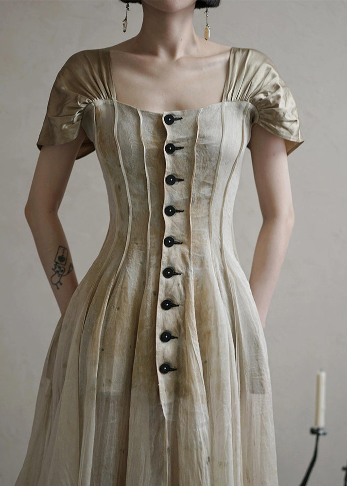 Robe longue d'été vintage à col boutonné carré