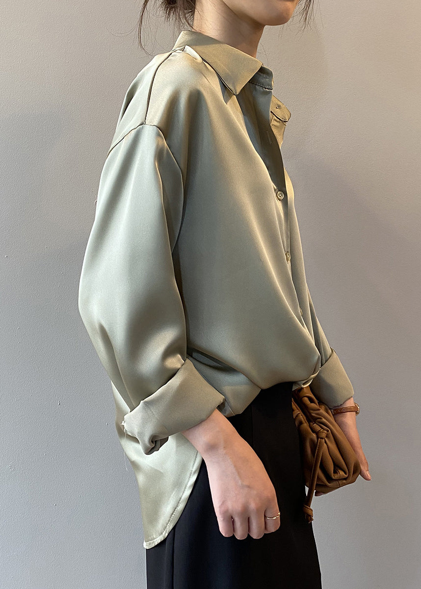 Feines grünes Peter-Pan-Kragen-Knopf-Seidenhemd, Top, Herbst, QC021