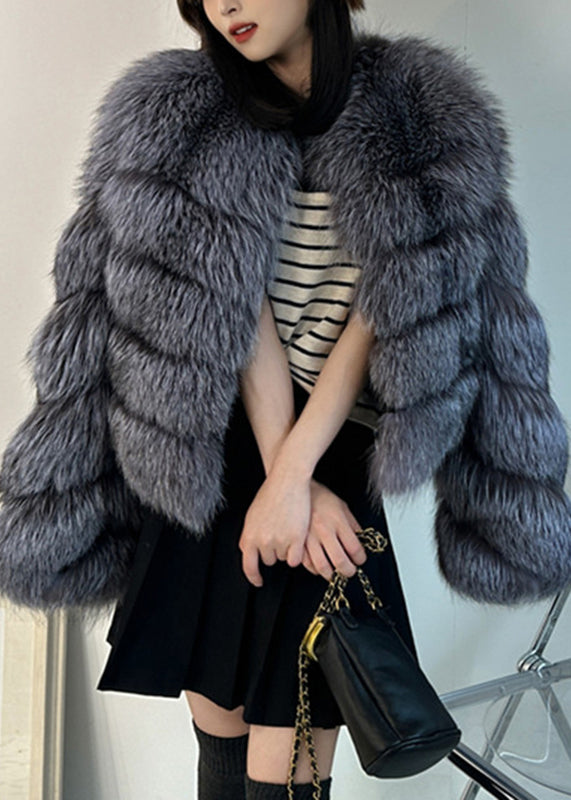 Veste d'hiver grise en cuir et fourrure patchwork WV010