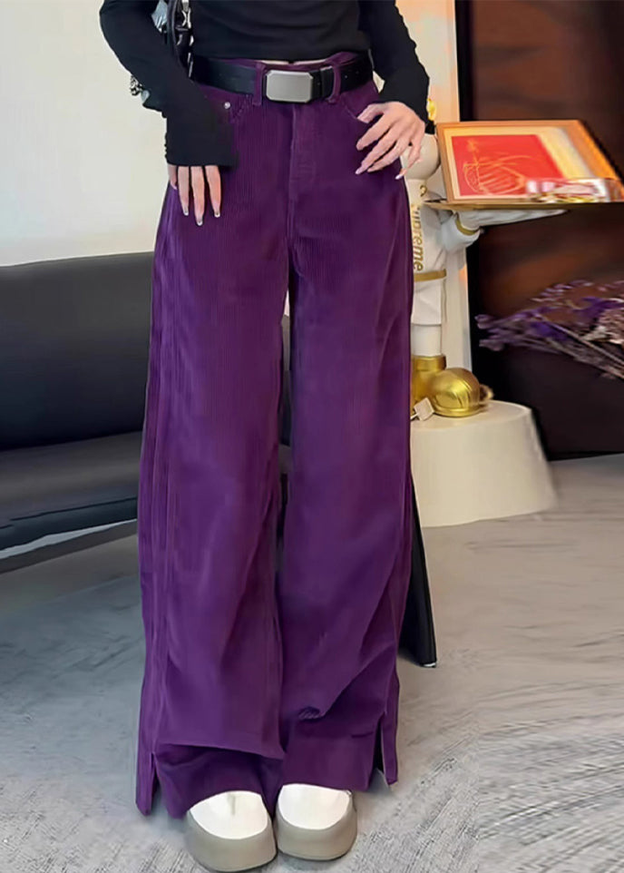 Pantalon droit violet en velours côtelé taille haute simple ouvert sur le côté