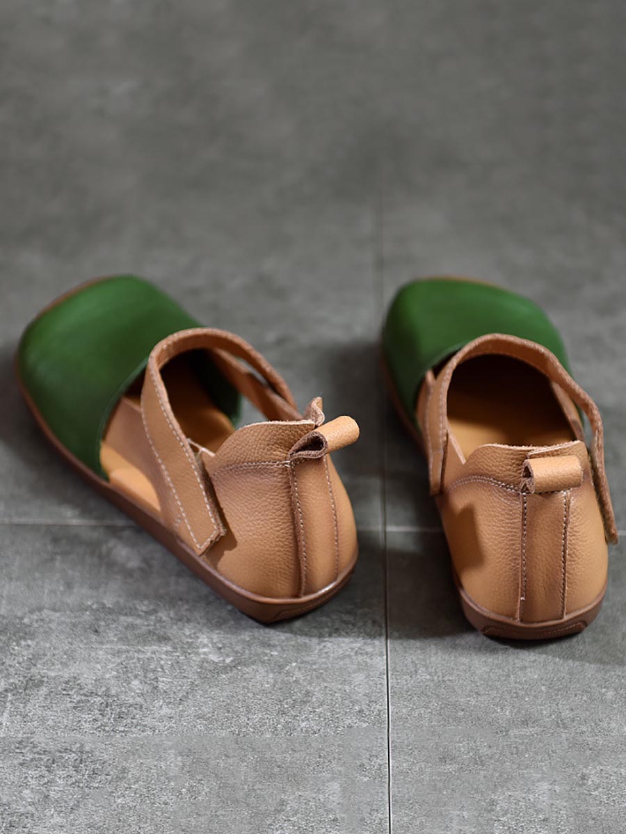 Women Vintage Summer Leather Colorblock Flat Shoes BN1003