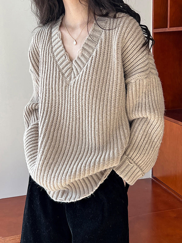 Pull en tricot à manches longues et col en V Urban Fuchsia AN1046